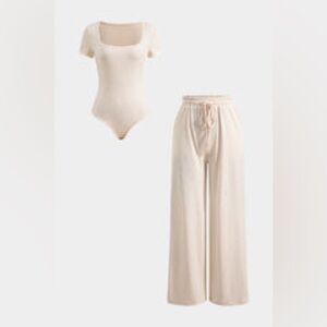Short Sleeve Bodysuit And Drawstring Wide Leg Trouser Set